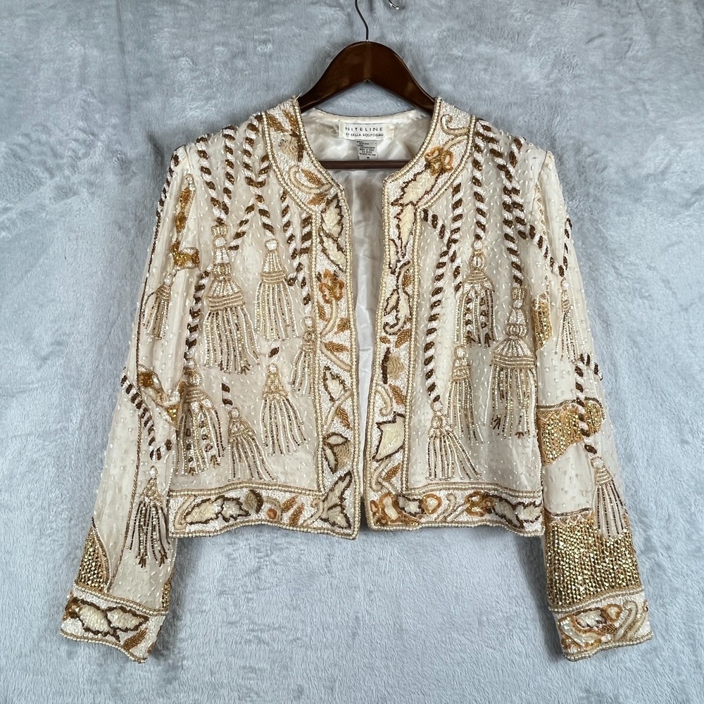 Vintage Niteline Della Roufogali Womens M Silk Beaded Tassel Evening Jacket Gold - Picture 8 of 16
